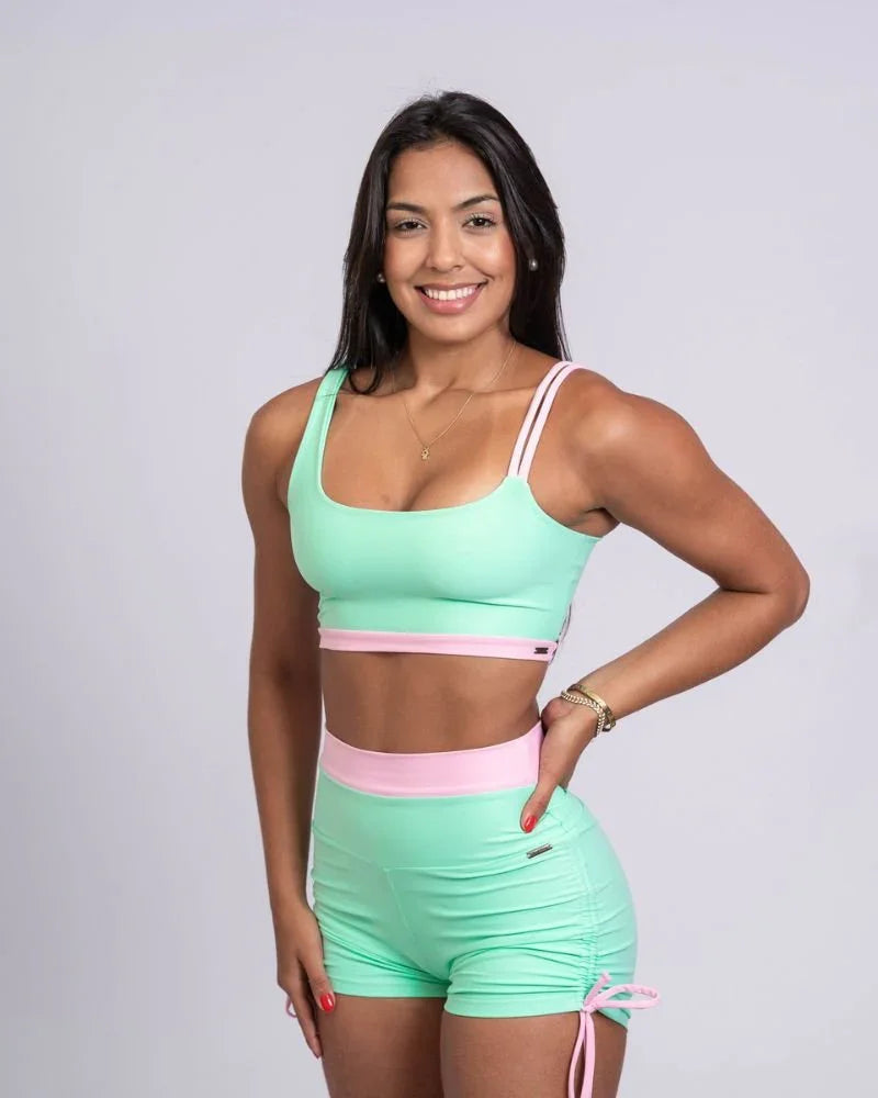 Short fitness Smile Duo Verde Menta com Rosa Quartzo empina bumbum