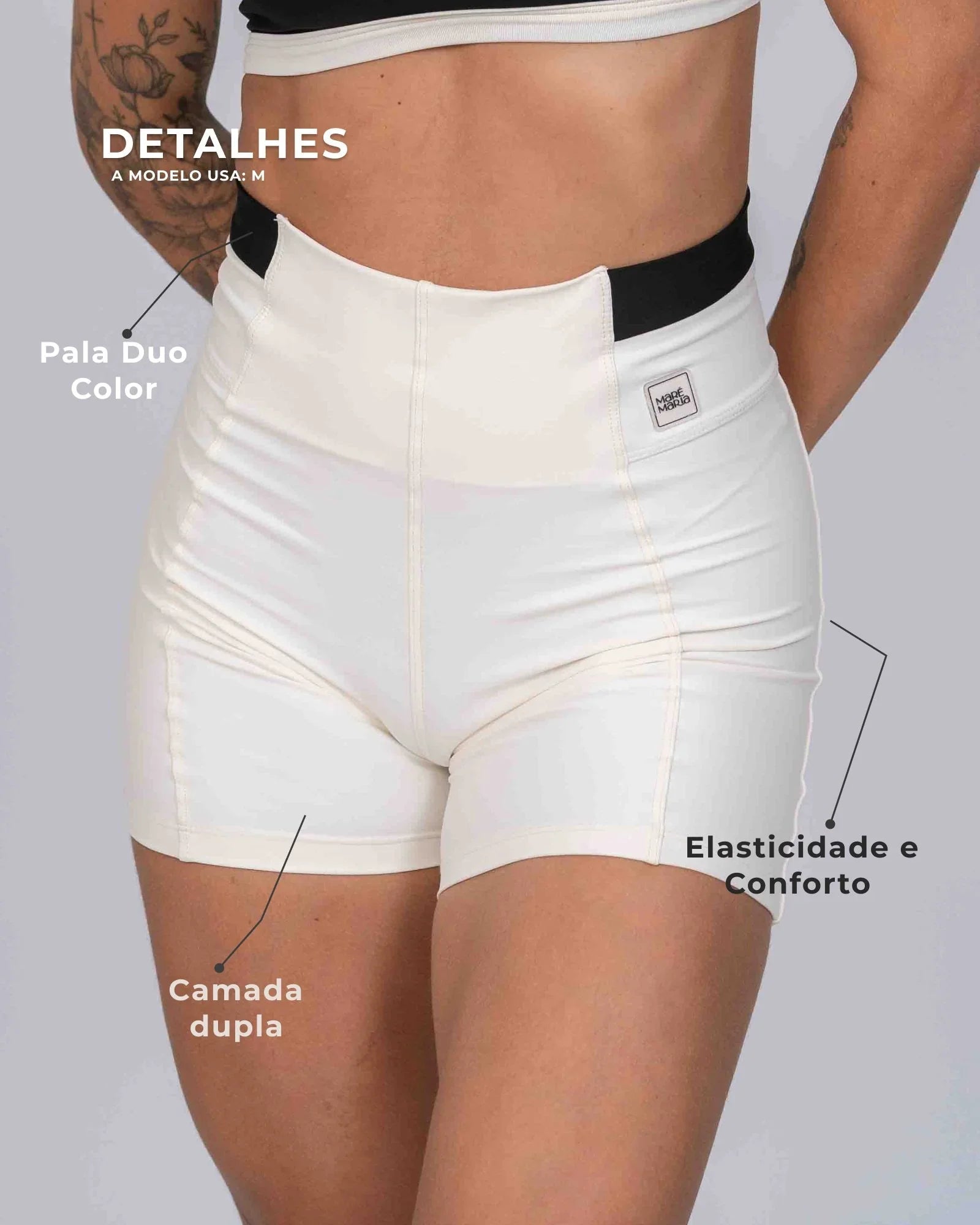 Short Fitness Classic Duo Off White com Super Black compressão sem empina bumbum