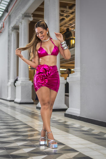 Conjunto Glam Metal Pink - Top Cortininha + Saia Drapeada