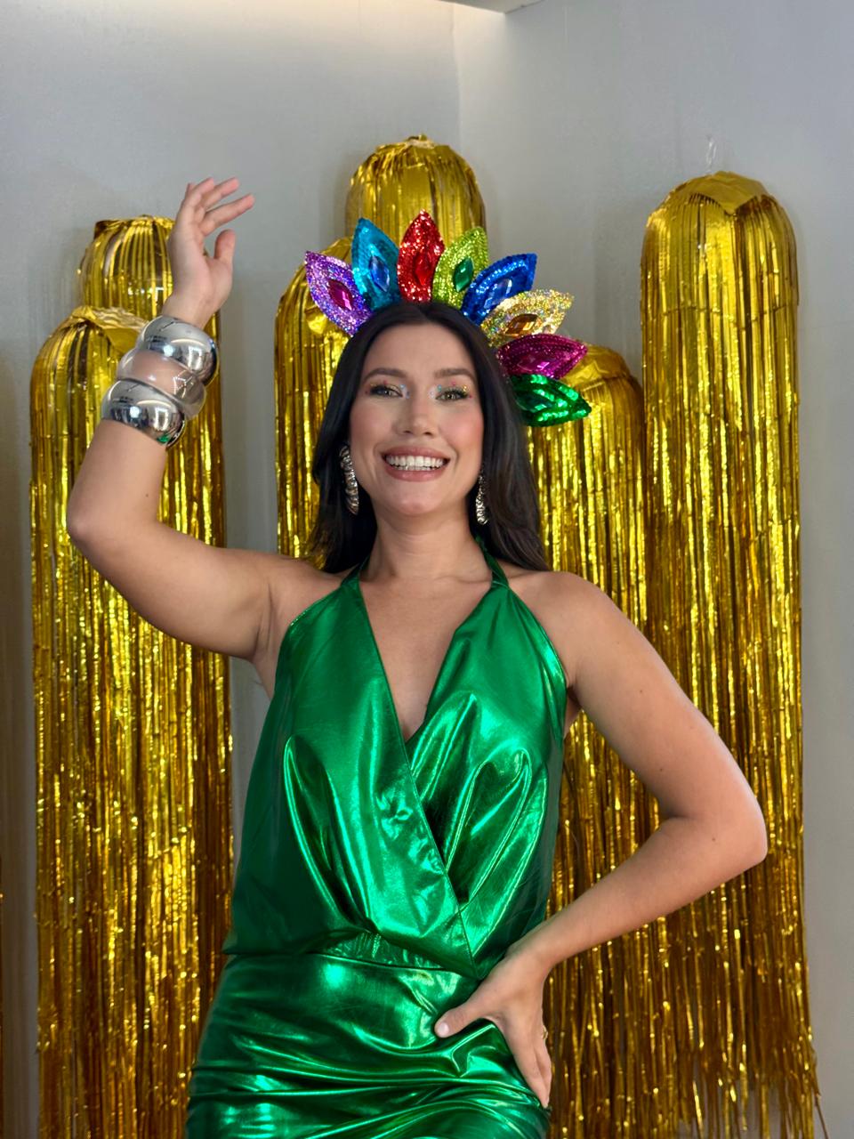 Conjunto Metalizado Green Top Frente Única com Saia Drapeada