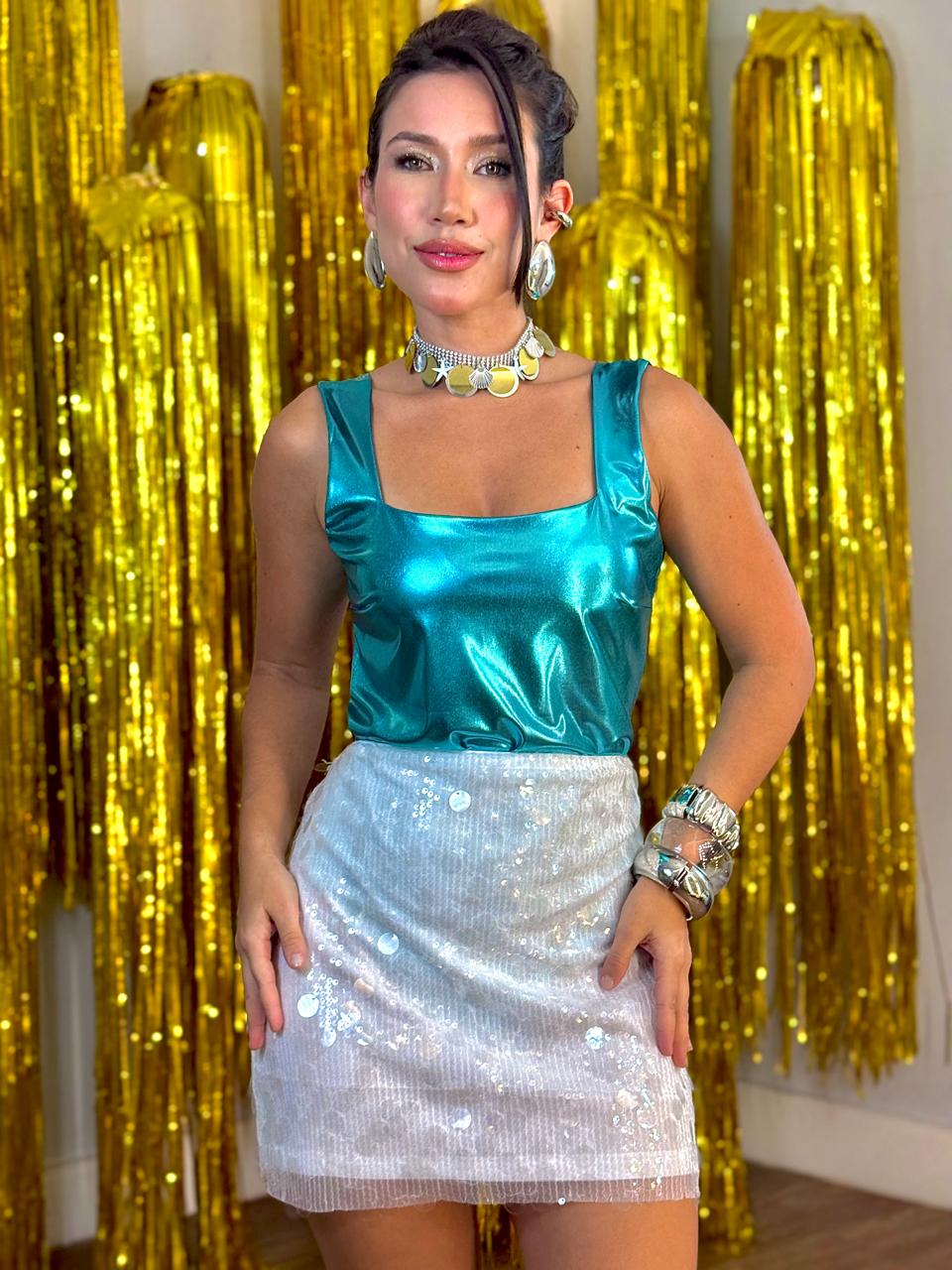 Body Metalizado Verde Água com Saia em Paetês Prata