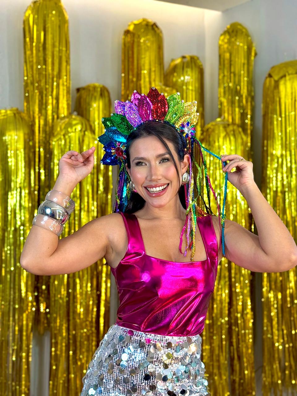 Body Metalizado Pink com Saia em Paetês Prata